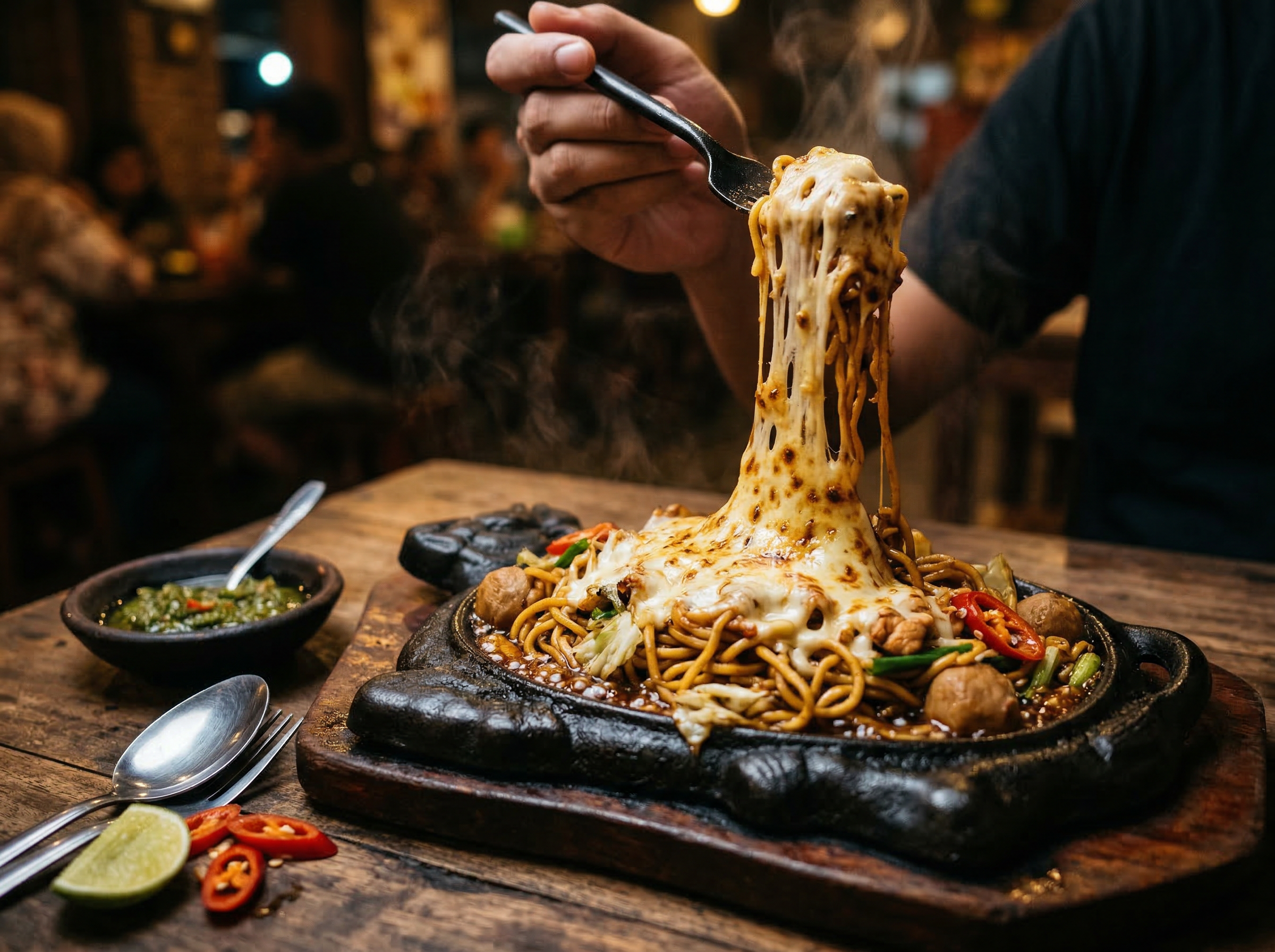 Mie Bakar Ngebul Extra Mozzarella topping Sosis Sapi Bakar