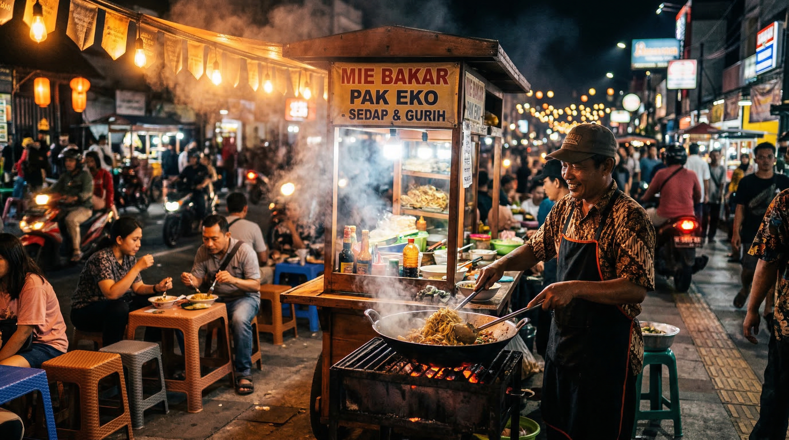 Suasana warung Mie Bakar Ngebul malam hari